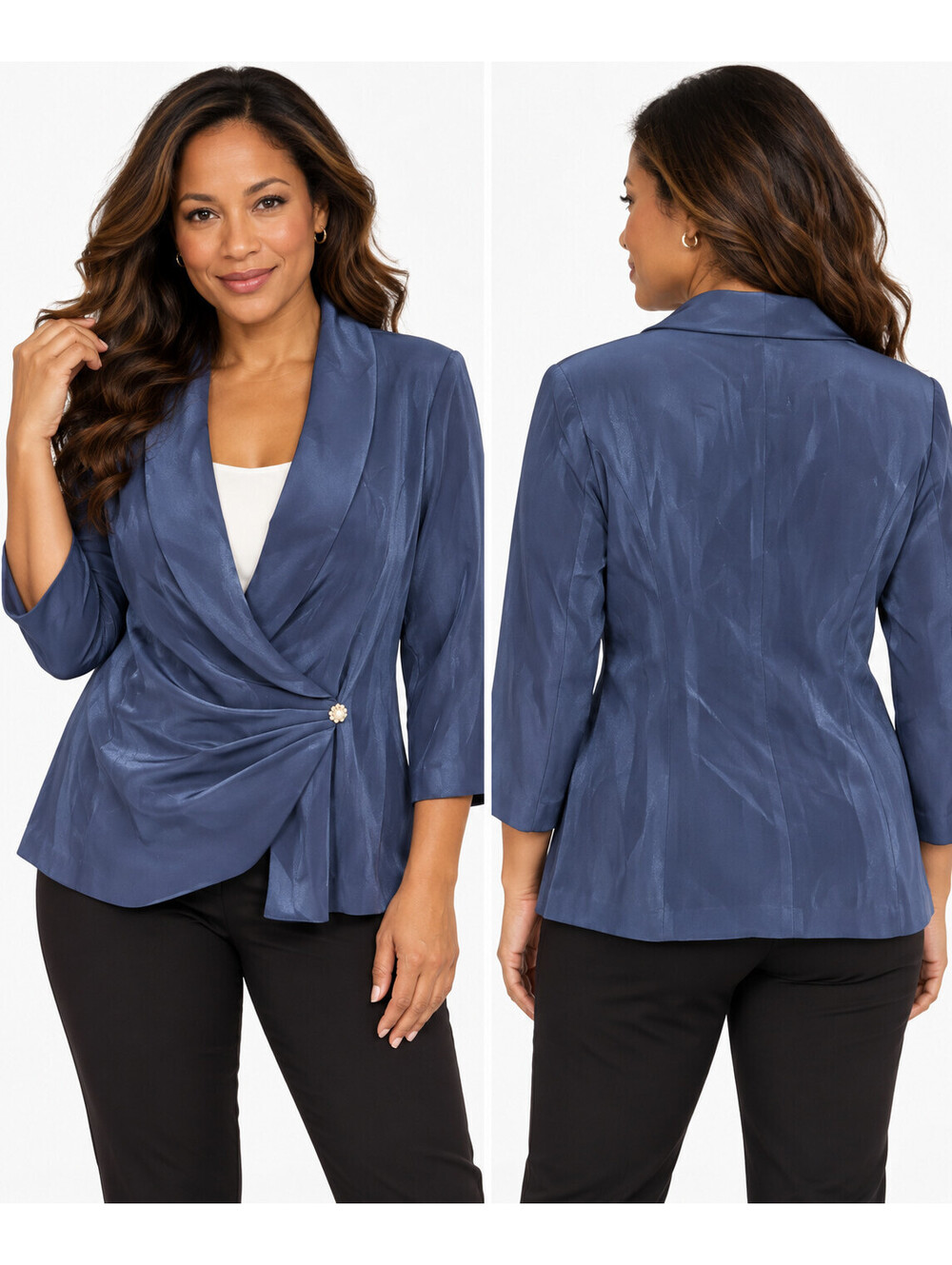 Alex Evening Satin Jacket Sz XL Blue Wedgewood Shawl Collar Jeweled Side Button